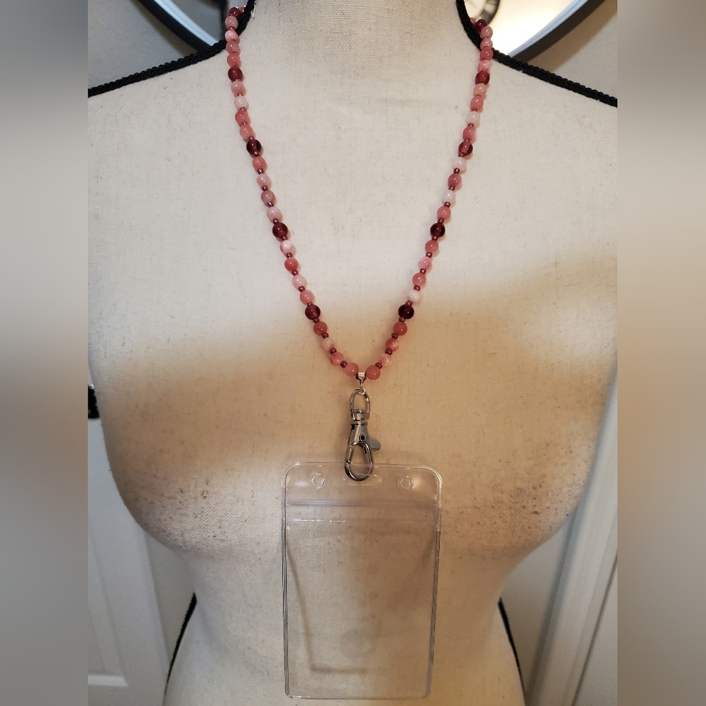 LANYARD HANDMADE WITH SEMI PRECIOUS GEMS OF PINK & WHITE JADE NEW CUSTOM PIECE!